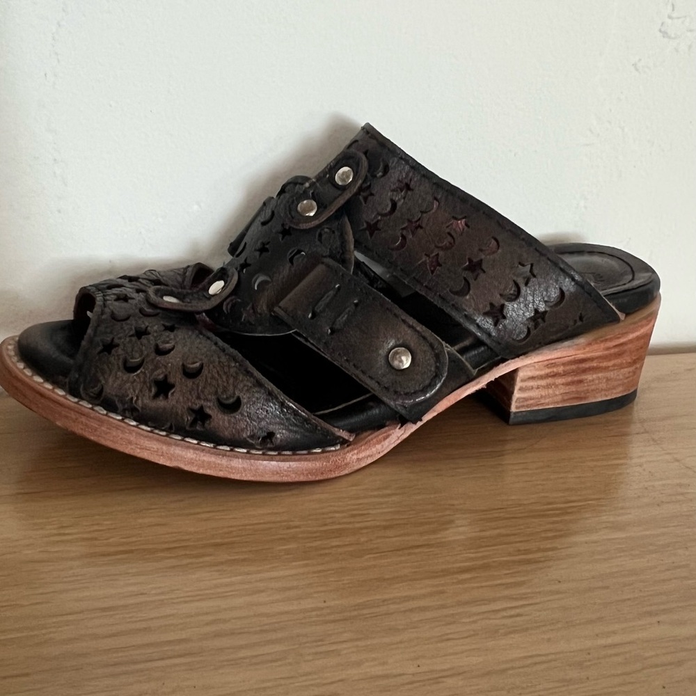 Freebird Black and Brown Leather Sandals with Cutout Moon & Star Design